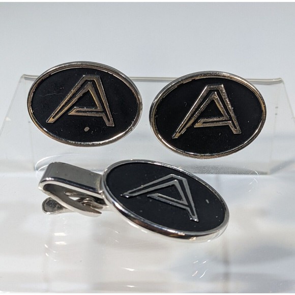VINTAGE ESTATE HICKOK USA SILVER TONE INITIAL A CUFF LINKS AND TIE CLIP SET LOT - Picture 2 of 5